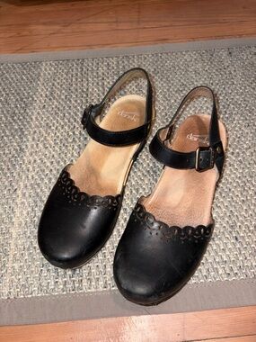 Dansko Black Scalloped Cutout Slingback Clogs
